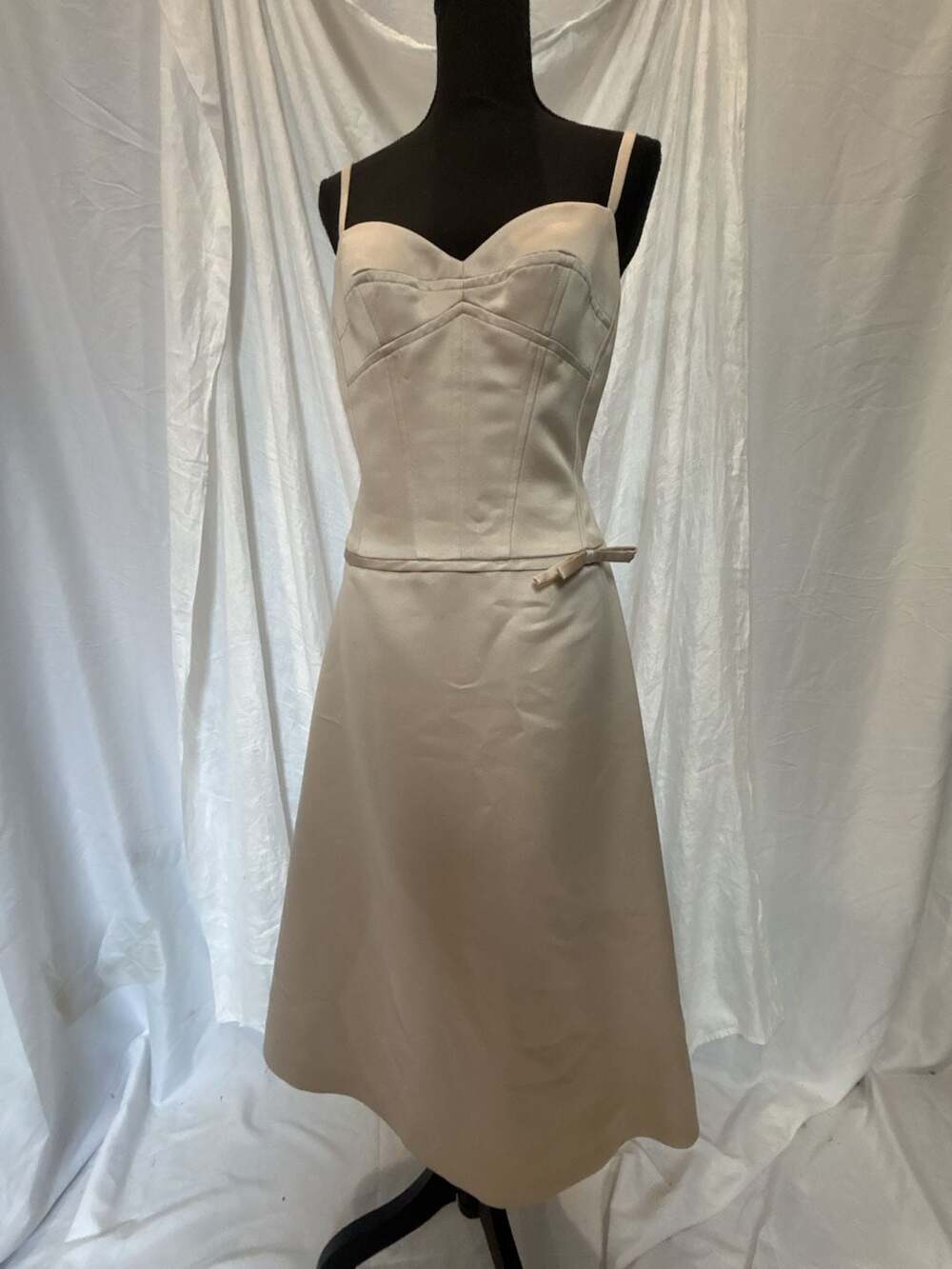 BCBGMAXAZRIA Champagne Satin Corset Bodice Midi Dress with Bow Detail Size 10